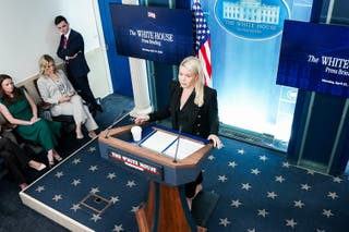 White House Press Secretary Karoline Leavitt speaks during the daily press briefing in the Brady Press Briefing Room at the White House